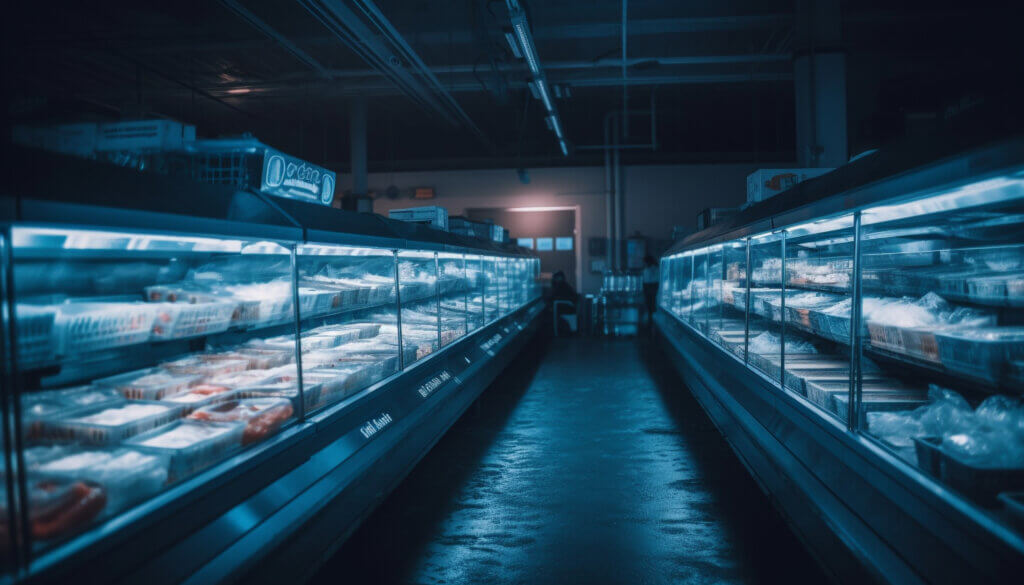 Fresh groceries inside modern supermarket, no people generated by AI energy efficiency in suermarket