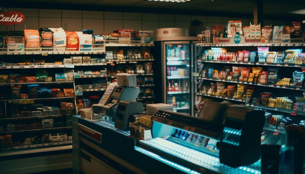Variety of merchandise on supermarket store shelves generated by AI